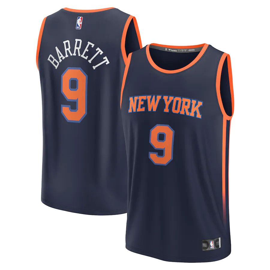 Men New York Knicks 9 RJ Barrett Fanatics Branded Navy Statement Edition 2022-23 Fast Break Replica NBA Jersey